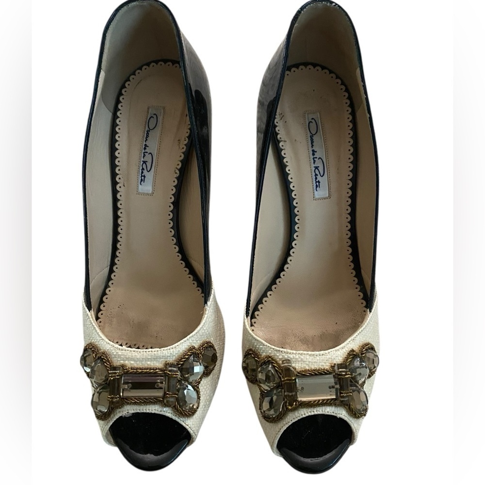 Oscar de la Renta Black and Cream Embellished Heels 39.5